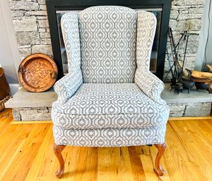 Blue And White Moroccan Print Upholstered Wing Back Chair