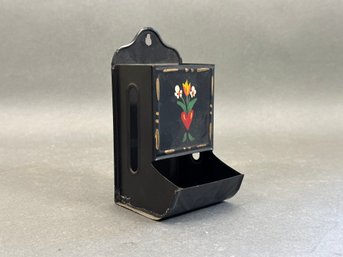 A Vintage Match Holder In Black Metal With Hand-Painted Decoration