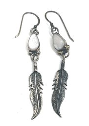 Vintage Sterling Silver Mother Of Pearl Feather Dangle Earrings