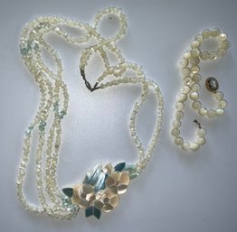 Pretty Mother Of Pearl Flower And Nugget 3 Strand Necklace & MOP Cameo Beaded