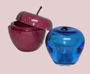 Red Apple Shaped Marble? Box And Cobalt Blue Glass Apple