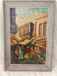 Beautiful Antique Original Painting On Jute Burlap 'Market Place' Unsigned 15x21 Wood Frame