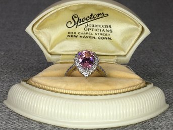 Stunning Brand New Sterling Silver / 925 - Teardrop Ring With Pink Tourmaline And Sparkling White Zircons