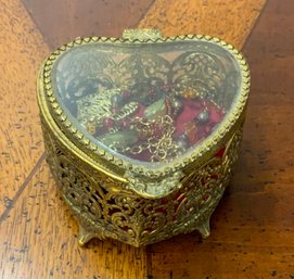 Adorable Heart Shaped Gold Filigree Beveled Glass Jewelry Box With Jewelry