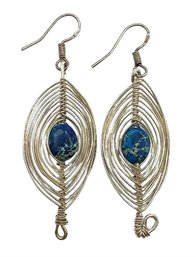 Vintage Sterling Silver Wire With Blue Stone Center Dangle Earrings