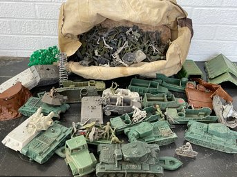 Big Canvas Bag Of Plastic Army Figurines & Vehicles