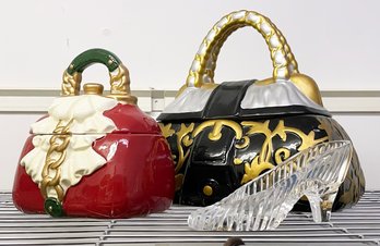 A Glass Shoe And Ceramic Purse Form Jewelry Boxes