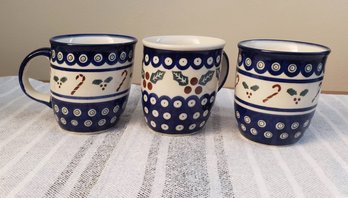 Trio Of Boleslawiec Polish Pottery Christmas Mugs