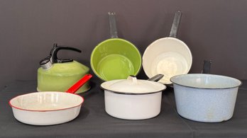 Set Of Eleven Mid Century Pots, One Pan And An Avocado Green Metal Stovetop Teapot