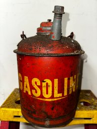 Vintage Red Enamel One Gallon Gasoline Fuel Can With Yellow Lettering