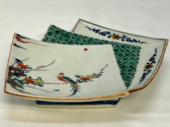 Kutani Style Triangular Layered Porcelain Dish Hand Painted Bird Occupied Japan