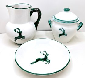 Vintage Gmunder Kermamik Ceramic Deer Pitcher, Sugar Bowl & Plate Set, Austria