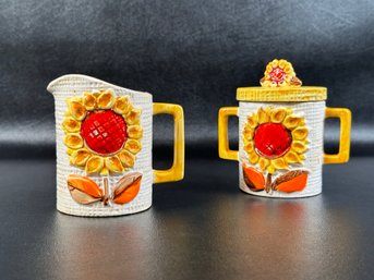 Vintage 1970s Covered Sugar & Creamer With A Mod Sunflower Motif, Made In Japan By Napcoware