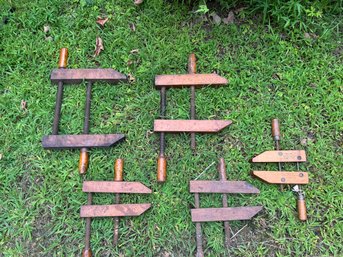 Seven Beautiful Antique Hand Made Wood Clamps