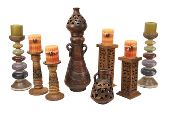 Set Of 8 Artisanal Inspired Decorative Candleholders  And Vessels