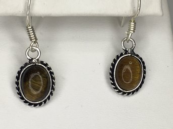 Very Pretty 925 / Sterling Silver Earrings With Rope Details With Polished Tiger Eye Gemstones - New !