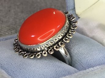 Beautiful Brand New 925 / Sterling Silve Cocktail Ring With Highly Polished Coral - Lovely Silver Wirework