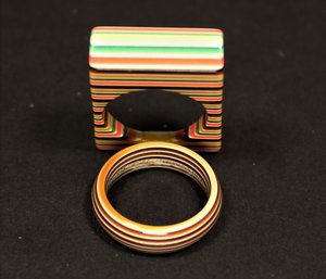 Multi Colored Vintage Striped Square And Round Rings, Square Ring Size 5,5