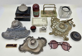 Antique & Vintage Inkwells Including Sterling Silver, Colibri Lighter & Other Desktop Items