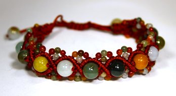 Contemporary Multi Colored Jade Beaded Hard Stone Silk Cord Adjustable Bracelet