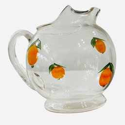 Mid Century Orange Juice Round Glass Pitcher W/ Handle & Ice Lip. Handpainted Oranges.