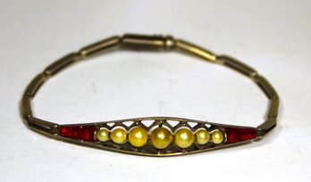 Art Deco Sterling Silver Bracelet W Faux Pearls And Red Gemstones, Small Size 6 1/2' Long