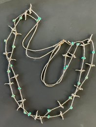 Beautiful Vintage Native American Turquoise And Liquid Sterling Bird Fetish 31 In Necklace