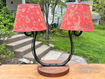 A Custom Metalwork Lamp On Wood Base With Vintage Shades