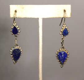Pair Antique Low Grade Silver Lapis Lazuli Pierced Drop Earrings
