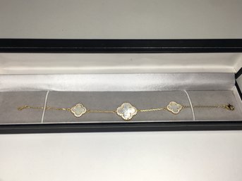 Fabulous Van Cleef / Alhambra Style Sterling Silver Bracelet With 14K Gold Overlay / Mother Of Pearl  Zircons