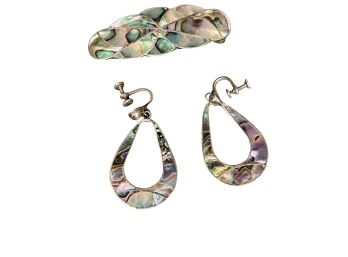 Beautiful Vintage Silver Screw Back Earrings & Matching Barrette Clip With Abalone Shell Inlay