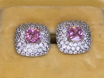 Beautiful Brand New - Sterling Silver / 925 Earrings With Sparkling White Zircons & Pink Tourmaline - NEW !