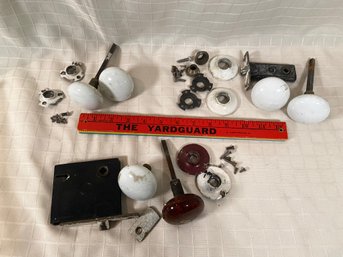 3 Sets Of Vintage Door Knobs 2 Sets White Porcelain And 1 With White And Brown Knob