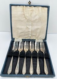 6 Vintage Silver Plate EPNS Cake Forks In Original Velvet Box