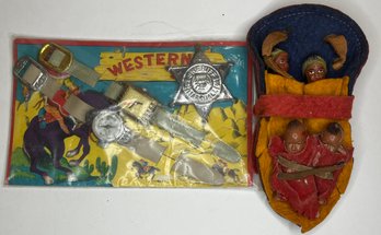 Vintage 5 & 10 Store Western Cowboy Space Watch Sheriff Badge - Native American Indian Babies - Plaster Men
