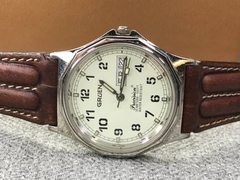 Great Looking Vintage Style GRUEN Precision Mens - Day / Date Model - Brand New Battery - Brown Leather Strap