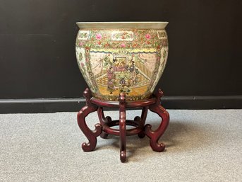 20th Century Ornamental Asian Pot On Rosewood Stand