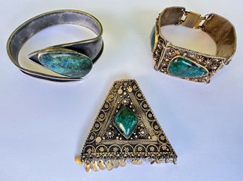 Set Sterling Silver Jewelry With Large Stones: Brooch & 2 Bracelets, Israel