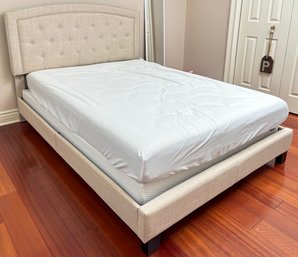 A Modern Full Bedstead In Crisp Khaki Linen