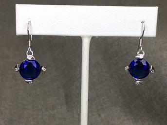 Wonderful Sterling Silver / 925 Earrings - Prong Set Sparkling White Topaz & Sapphire - Very Pretty Earrings