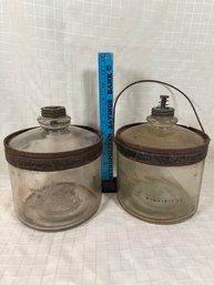 2 Kerosene Glass Bottles 1 With Handle Decorative