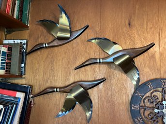 Trio Of Mid Century Teak & Brass Duck Wall Sculptures