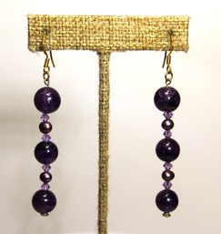 Genuine Amethyst Crystal And Cultured Pearl Drop Pierced Earrings