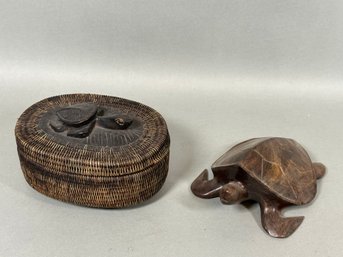 Wood Carved Turtle & Basket