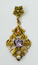 GORGEOUS ANTIQUE PINK SAPPHIRE AND PEARL 10K GOLD PENDANT