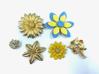 Grouping Of Vintage Flower Brooches Including Enamel