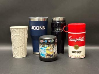 An Assortment Of Travel Mugs & Food Jars