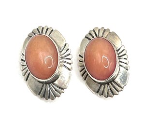 Vintage NAKAI Designer Native American Sterling Silver Polished Peach Agate Stone Earrings