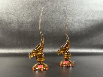 A Pair Of Vintage 1960s MCM 'Epic Long Tailed Bird' By Viking In Honey Amber Glass