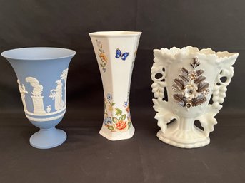 3 Piece Elegant Assorted Vase Set - Wedgewood, Aynsley And Antique